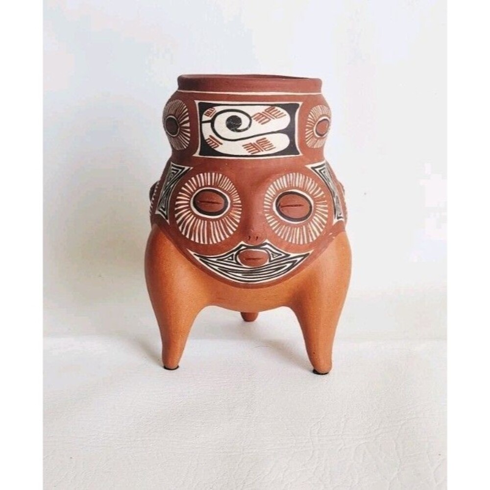 Venezuelan Folk Art Handmade Hand Painted Tree Face Small Terracotta Vase